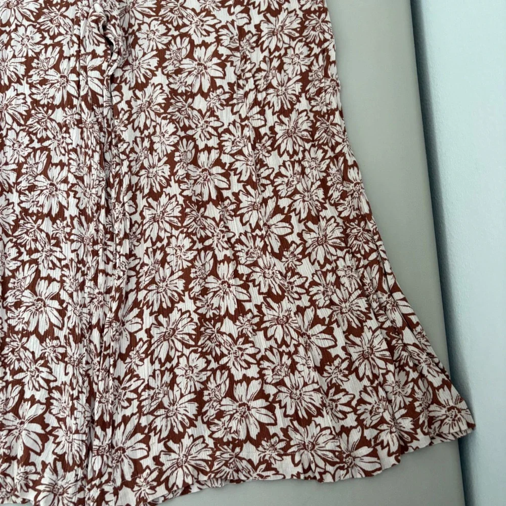 Becool Brown White Floral Wide Leg Pants‎ Womens Large High Rise Rayon Boho